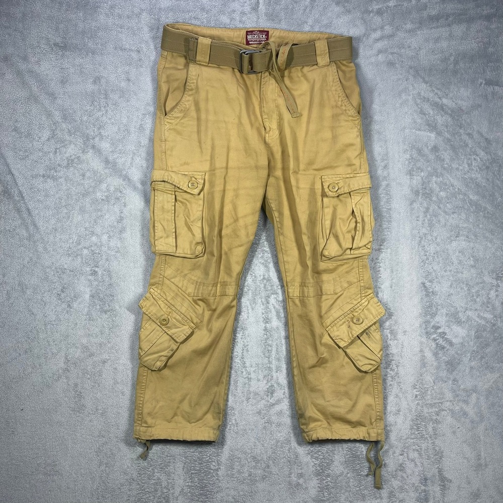 Matchstick Cargo Pants Mens XL 34 Tan Distressed Multi Pocket With Belt